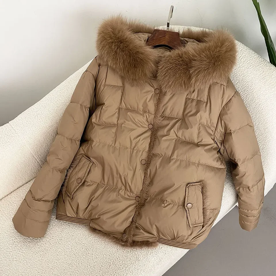 Zimná biela kačica dole s kabátom s kabátom Nový Puffer Coat Real Fox Fur Bunda pre ženy móda jeseň prírodná norka kožušina Outwear