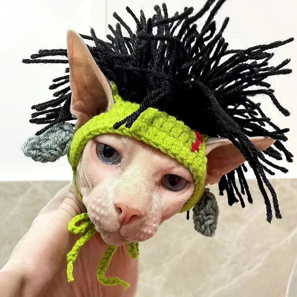 Zimná elastická bavlnená punk v štýle mačací klobúk s otvormi uší rafinovaný pletený domáci klobúk pre sfhynx sfing sfinx bezsrsté mačky mačiatko Devonrex