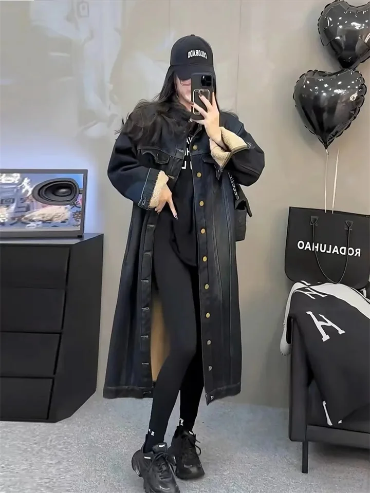 Zimná jahňacia vlna džínsová bunda pre ženy stredne dlhá až dlhá voľná fit bf hrubá a teplá módna značka Chic Fried Street Cotton Jacket