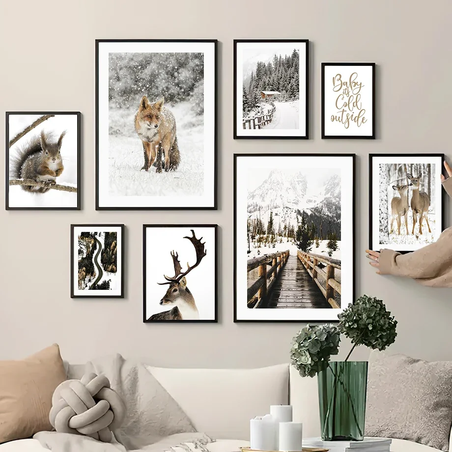 Zimná krajina les Elk Squirrel Fox Wall Wall Art Canvas Maľba Nordické plagáty a výtlačky nástenné obrázky pre dekoráciu obývacej izby