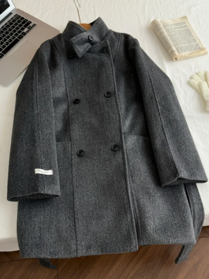Zimná kórejská móda uvoľnená pevná kabátová kabáty Elegantné príležitostné príležitostné rukávy šnurované dlhé kabáty retro elegantné tenké prírodné teplé kabát