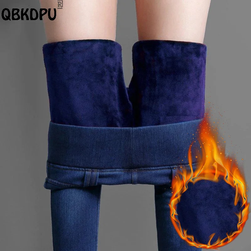Zimná modrá plus zamatové teplé džínsy Ženy Vintage elastický vysoký pás hrubý vaqueros mama Skinny nohavice Príležitostné fleece džínsové nohavice