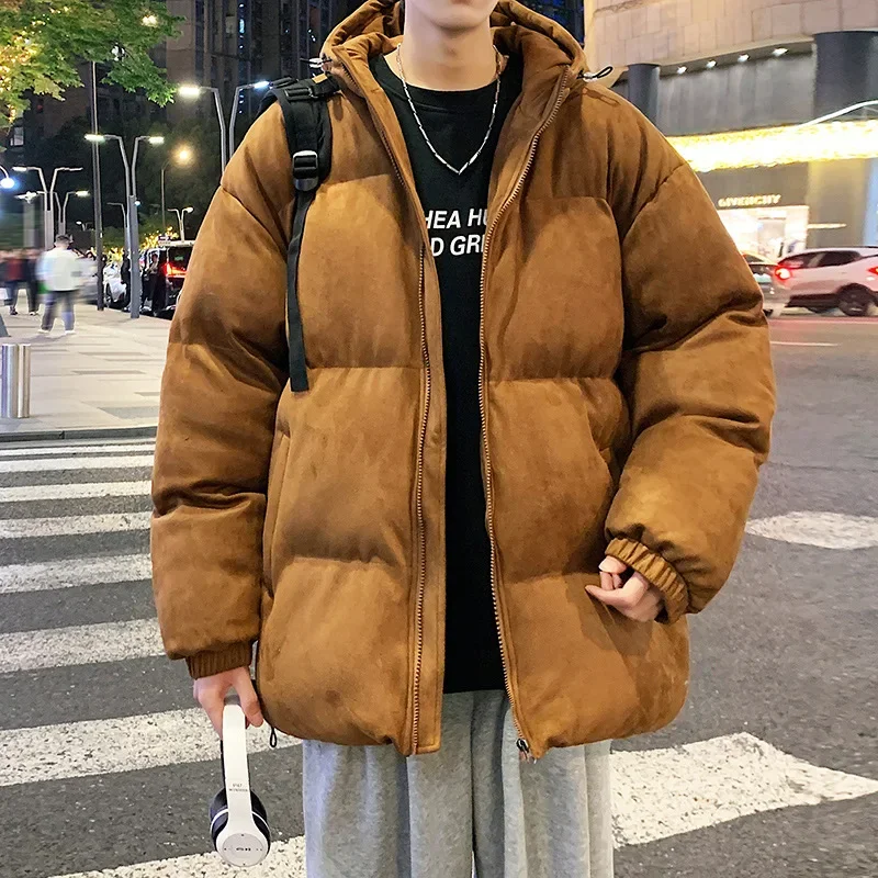 Zimná semišová parka bunda Men Puffer bunda s kapucňou bavlnené kabáty Men streetwear zahusťované teplé kabáty módne oblečenie pre mužov