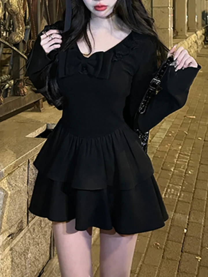 Zimná sexy elegantná desinger čierne šaty Ženy s dlhým rukávom Y2K Party Mini šaty ženský neformálny štýl One Piece šaty Kórejské 2023