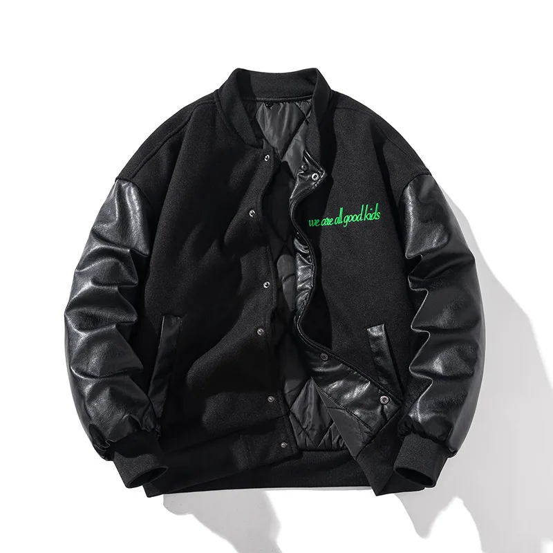 Zimná variabilita bunda Men Dámske kožené rukávy list vlnený baseballový kabát výšivok motocykla bunda hip hop patchwork parka