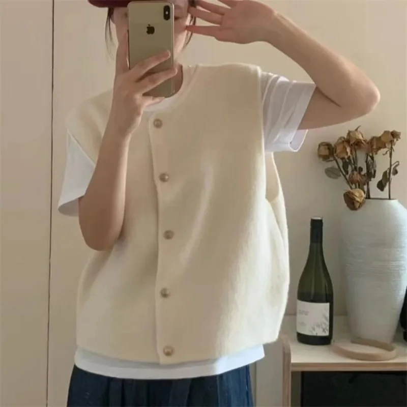 Zimná vesta Ženy mäkká vlna Zlato gombíka Upieť pletená sveter bez rukávov bez rukávov, vesta na vestu, jeseň zimná elegantná outfit