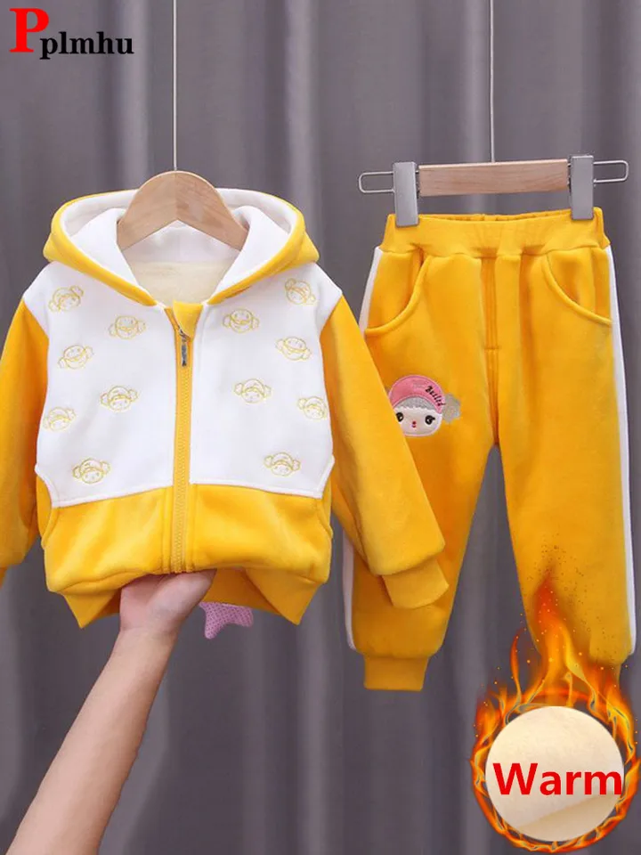 Zimná zamatová patchwork Kids 2 kusové súpravy Husté mikiny zips zipsový kabát dievčatá Conjunto teplé plyšové joggerové tepláky deti outfit