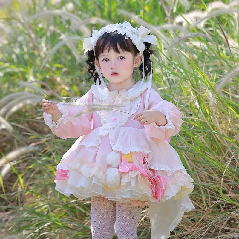 Zimná španielska lolita princezná čipka guľôčkový luk plus zamatový dizajn narodeniny deti vianočné večierky Veľkonočné eid šaty pre dievča