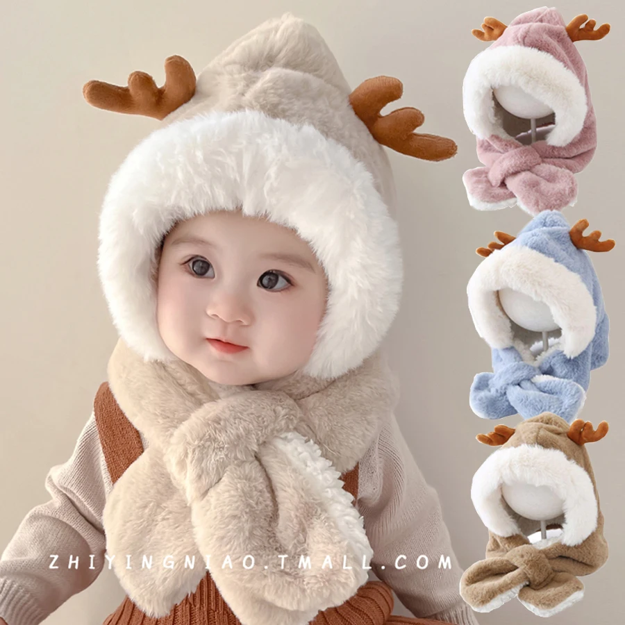 Zimné detské klobúky pre chlapca dievča Cartoon Deer Past Scarf Jednodielne faux kožušina dieťa kapota Zhustá dojčenská uši