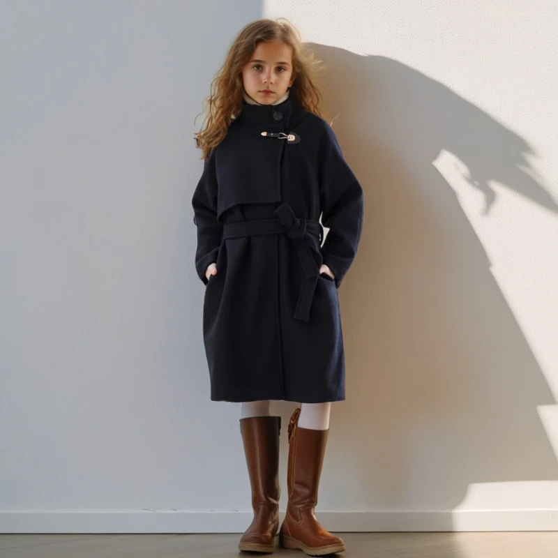 Zimné dievčatá vlnený kabát móda stredná dĺžka dvojdňového Tweed Overcoat 10 12 14-ročná škola Teen detské bunda deti