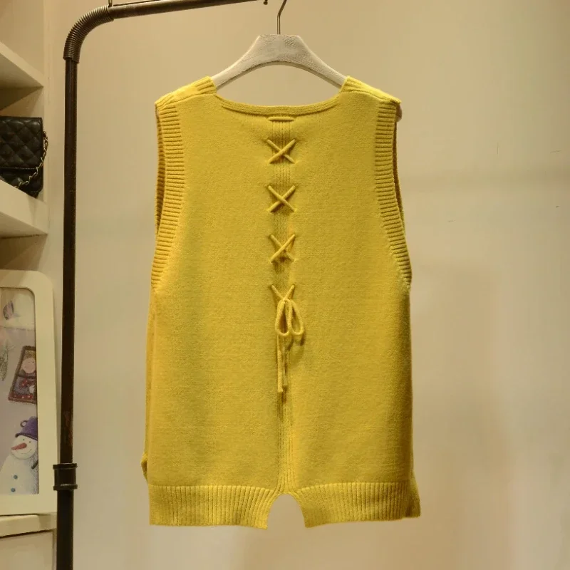 Zimné gombíky pletené topánka pre ženy žltá dlhá vesta V-krk Lady Sweaters Cashmere Y2K Vintage Jersey Kórejský štýl studený nový v