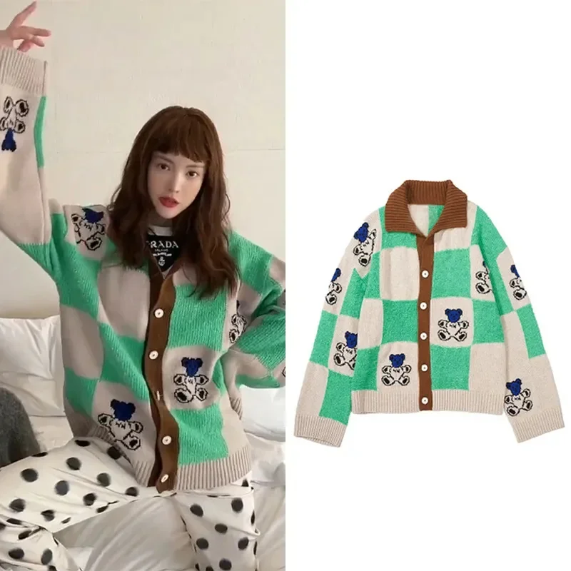 Zimné pletené svetové ženy Kórejské móda móda single breast krk na krk zelenú plaid Patchwork zahustená sveterový kabát sueters
