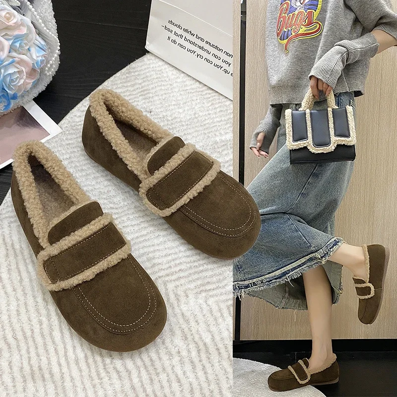 Zimné plyšové ploché dámske topánky Suede Light Warm Warm Round Tow Kórejský štýl ležérne topánky Outdoor Práca Pohodlné Zapatos majer