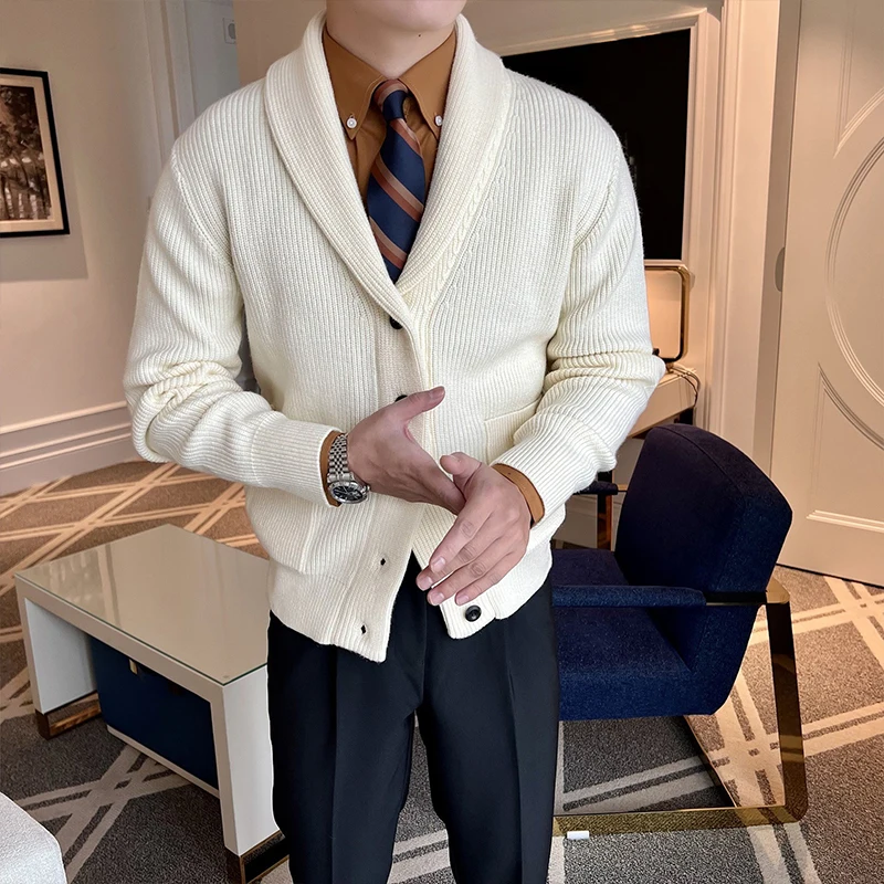 Zimné pánske pletené luxusné gombíky Cardigan Sweatercoat s dlhým rukávom Príležitostné obleky Streetwear Golier Spevný vintage kabát 2025 Nový