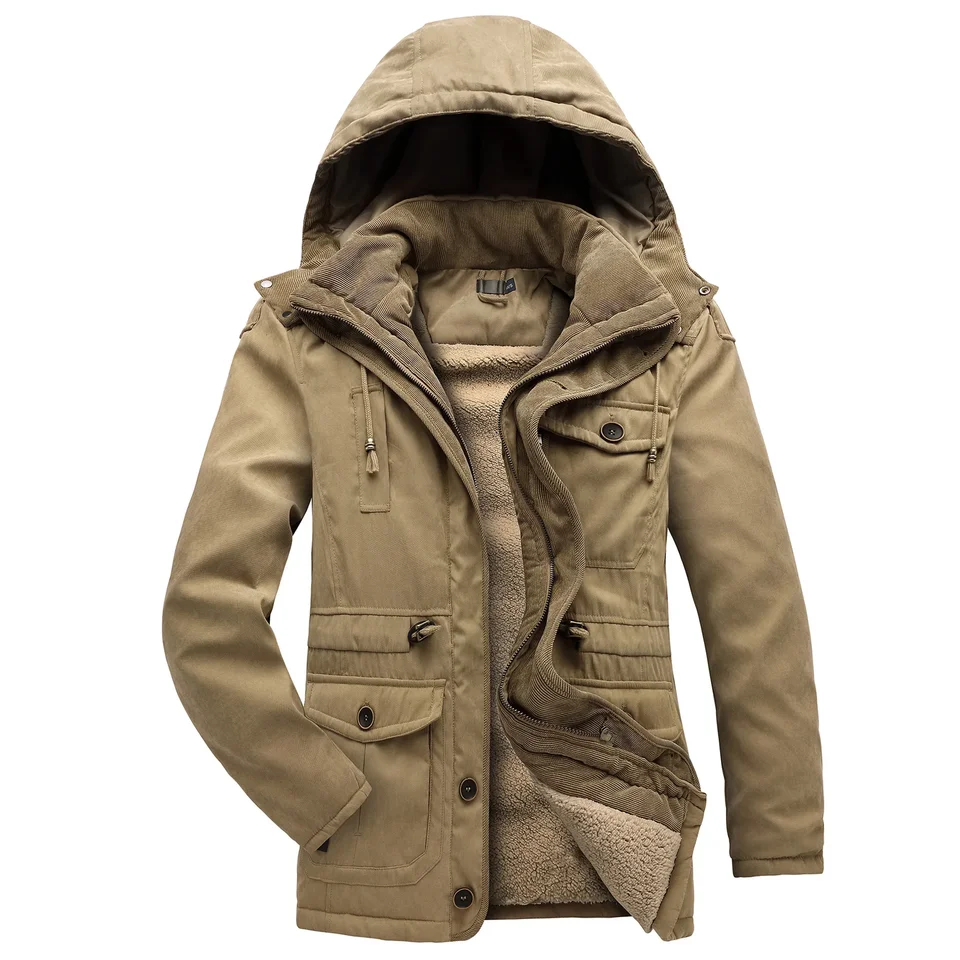 Zimné tepelné parky Men Classic Retro vojenský kapucňový kapucňu zahustená parka plus fleece zimné parky Top Men Oblečenie