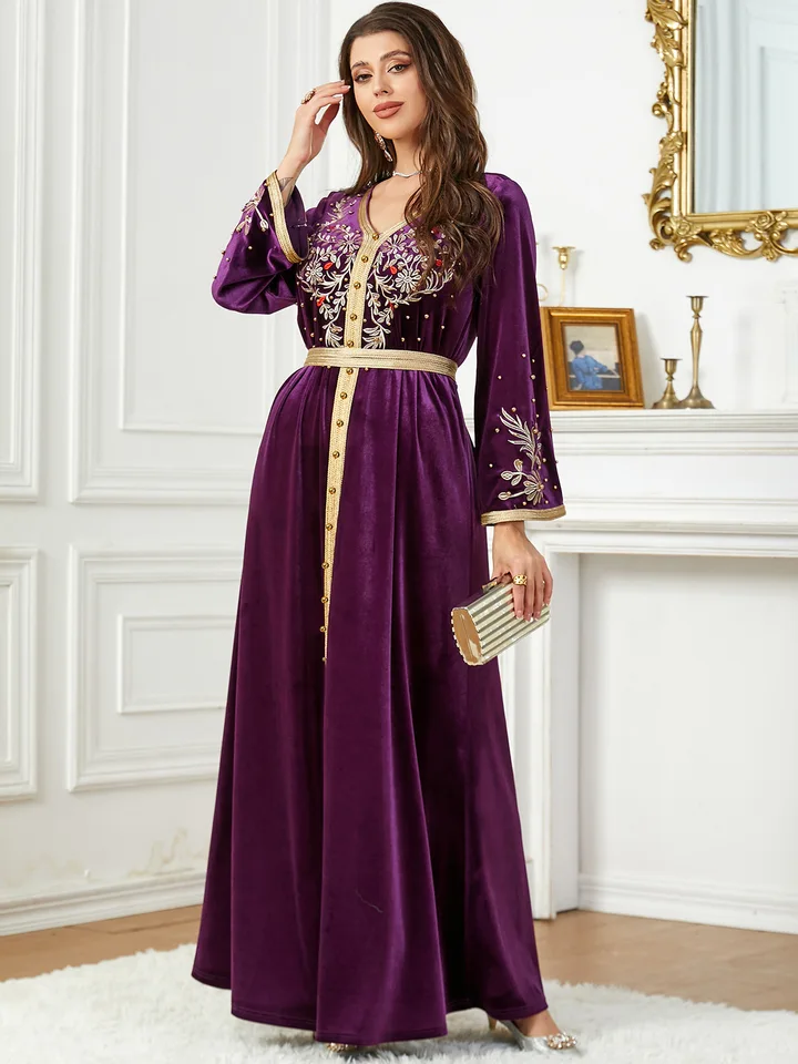 Zimné zamatové šaty abaya pre ženy moslimské vyšívacie korálky Split lem Maroko Party šaty kaftan vestidos arabský rúch