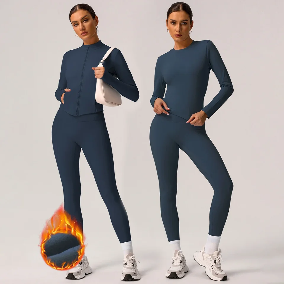 Zimné čalúnené športové príležitostné oblečenie jogu nosenie žien 2ks s vysokým pásom teplý štíhly s dlhým rukávom bunda Sportswear Tesné nohavice fitness set