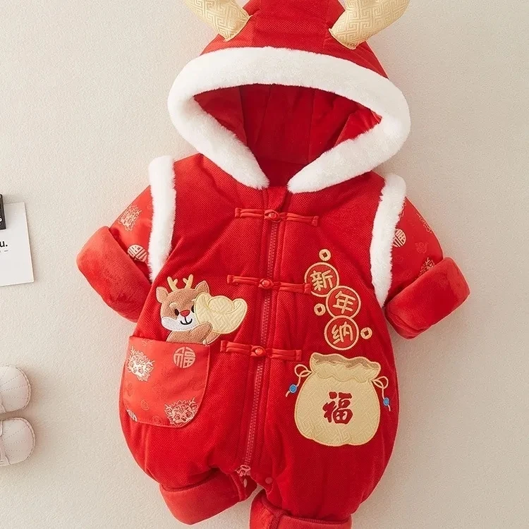 Zimné čínske novoročné oblečenie pre deti novorodenca Romper s klobúkom Detské pozdravy slávnostné dievčatá Red Tang Suit Set kostým