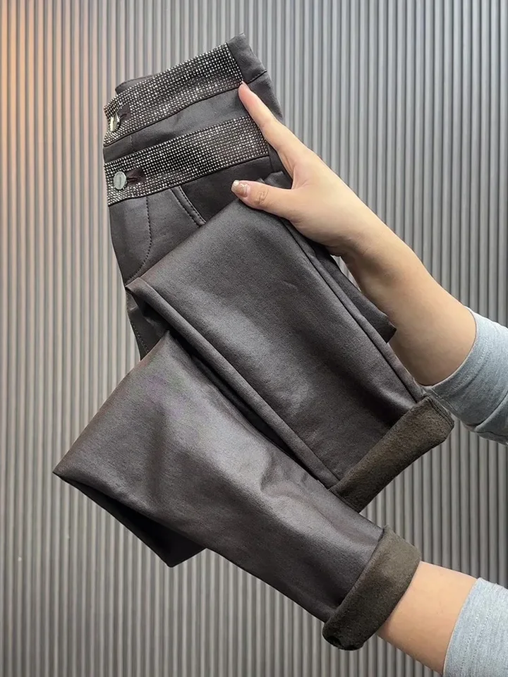Zimné štíhle ženy Skinny ceruzka Pu Kožené nohavice kamienok Rélové kame