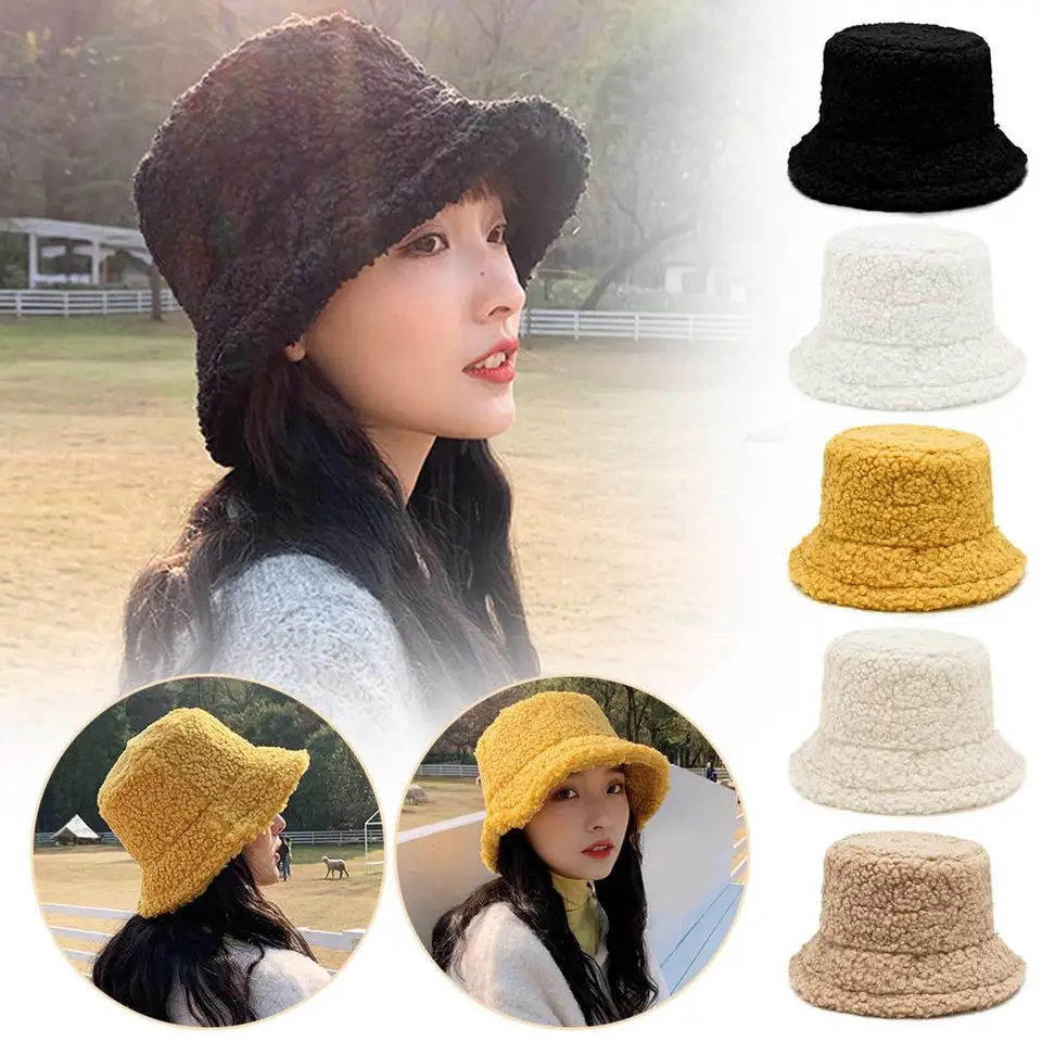 Zimné ženy faux kožušinové klobúky vonkajšie teplé jahňacie pevné panamy Warm Fluffy Cloche Cap kožušina čierna faux vinobranie rybárska vlna F4Y6