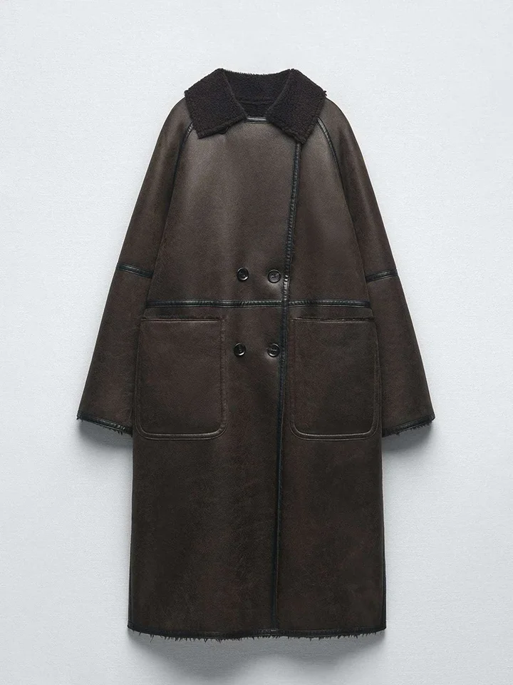 Zimné ženy Hrubé teplé voľné dlhé faux kožené jahňacie kožuch na ulici Streetwear Streetwear Double Breast Outswear Outwear