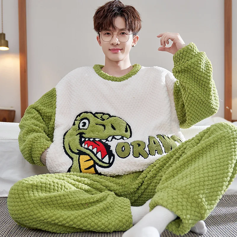 Zimný dinosaurus pijama súpravy pre mužov 2ks dospelý voľný karikatúra anime spánok