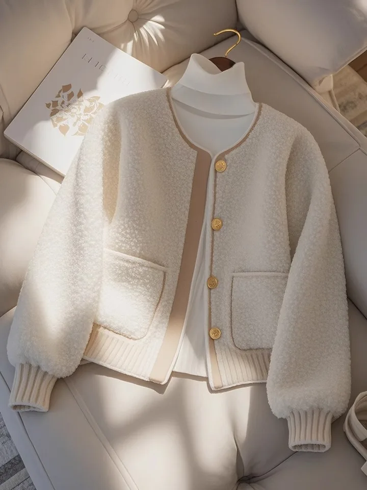 Zimný kabát Nové svetlo Luxusné všestranné voľné voľné biele biele jahňacie fleecové kabáty Dámske oblečenie móda High End Vourwear Dámske vrcholy
