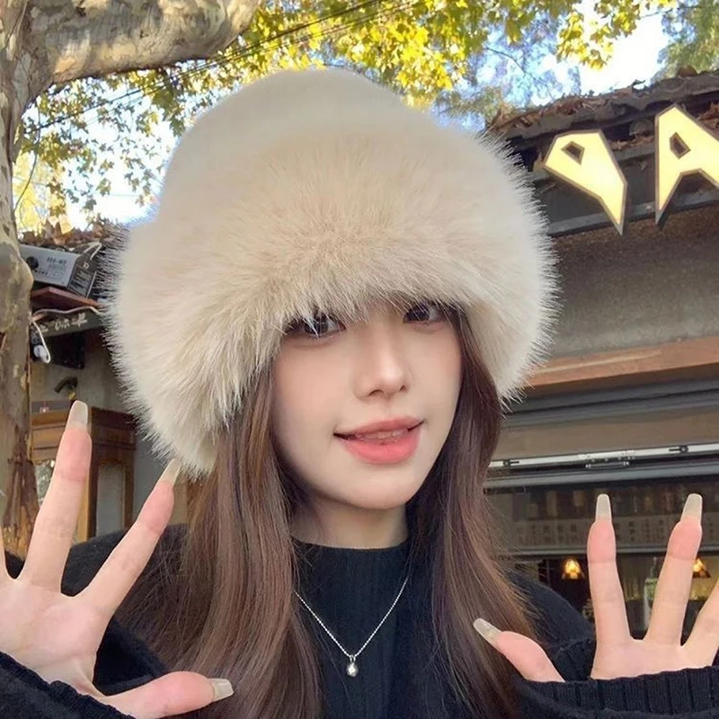 Zimný klobúk pre ženy Faux Fur Fluffy Bucket Hat pre ženy luxusný plyšový mongolský klobúk Soft