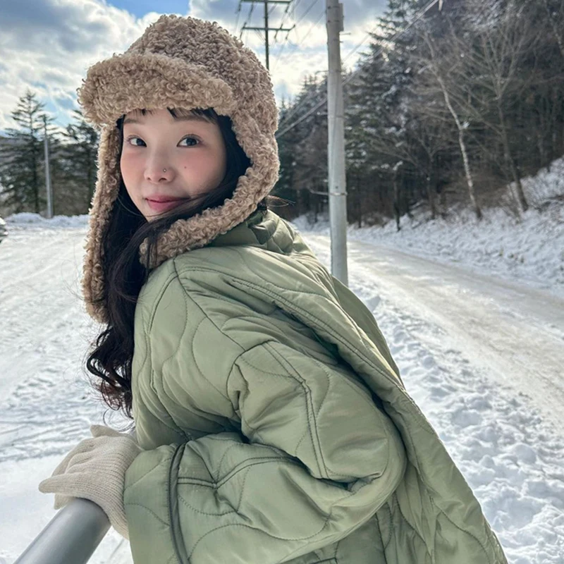 Zimný klobúk pre ženy japonská pevná farba jahňací plyšový klobúk leifeng klobúk jeseň všestranná cyklistika Teplá ochrana uší vonkajší lyžiarsky klobúk