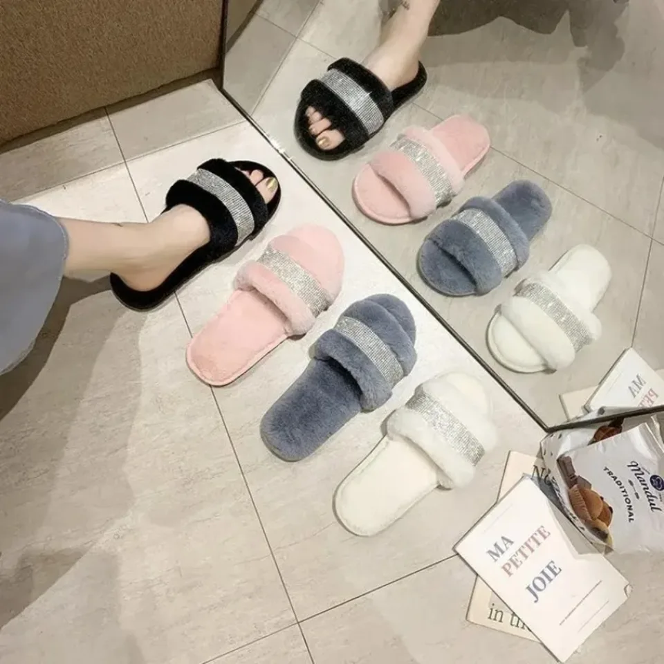Zimný luxusný kamienok Ženy Warm Frows Plippers Útulné nadýchané chlpaté sklíčka Crystal Flat Indoor Design Home Shoes Ladies 43