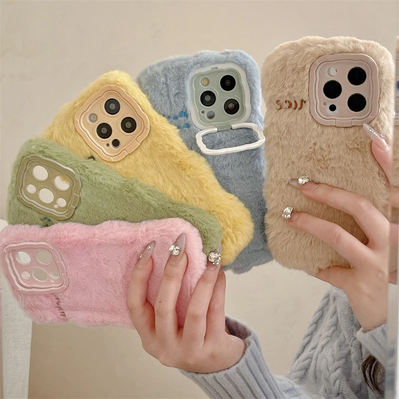 Zimný nadýchaný kožušinový puzdro pre iPhone 16 15 14 13 Pro Max 14 Plus 15 plus roztomilý teplý chlpatý nárazový odolný mäkký silikónový zadný kryt