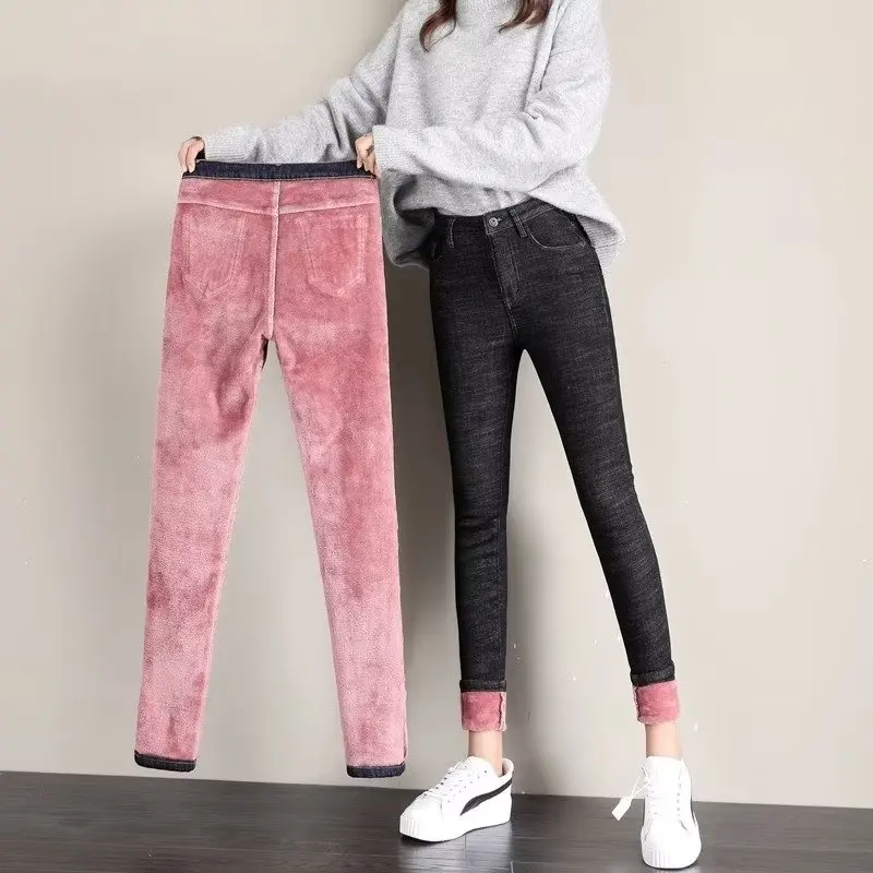 Zimný sneh teplý plyšový džínsy Vysoký pás Skinny elastické nohavice Dámy štíhle príležitostné džínsové nohavice Cencil