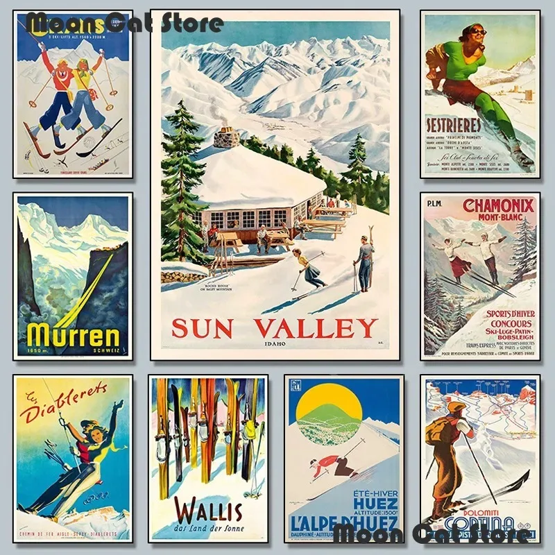 Zimný šport Švajčiarsko Chamonix Mont Blanc lyžiarsky plagát maľba retro nástenné umelecké obrázky