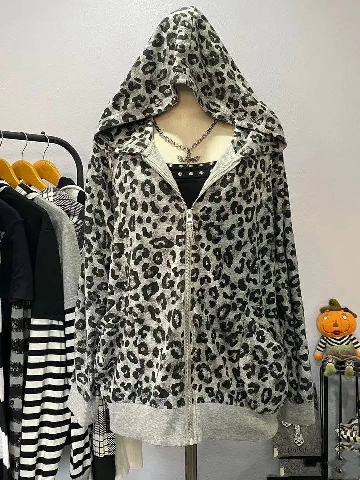 Zip -up kapucňu nadmerné vrcholy zimné oblečenie Vintage Streetwear Grafické mikiny s dlhými rukávmi Leopard 2000. rokov gotický punk y2k mikina