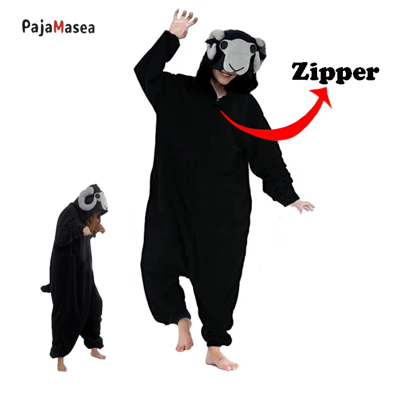 Zipper koza dospelých dospelých žena Žena Onesie pajama fleece karikatúra čierne bighorns cosplay kigurumi kostýmy kombinézy narodeniny pijama