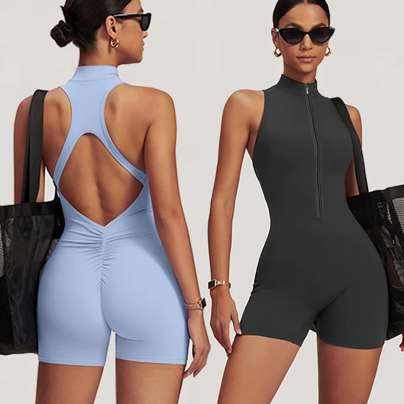 Zipper športové kombinézy Krátke ženy Jóga jogy súpravy telocvične BodySuits Sexy Backless Fitnessuits Shipsuits Female Push Up Workout Metrys