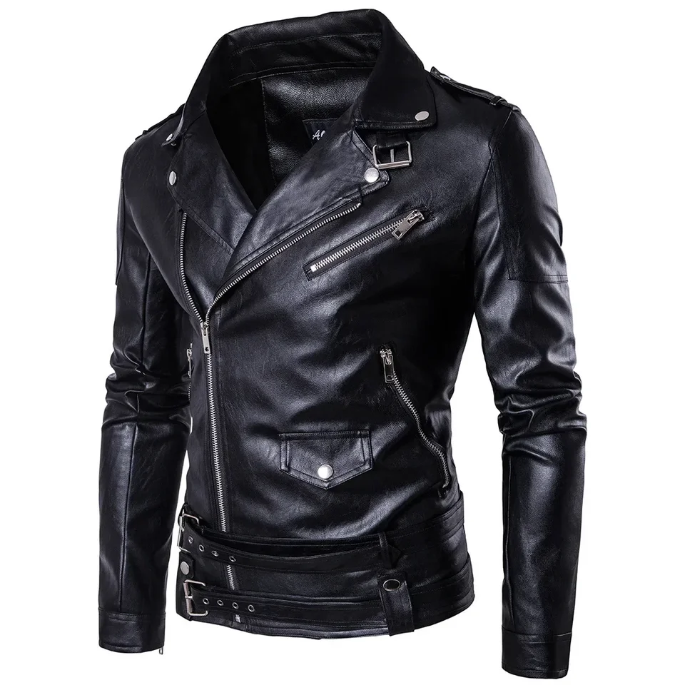 Zipsový golier britská čierna biela punk rocková koža Outwear Motor Slim Kožené kabáty mužská módna značka PU kožená bunda muži