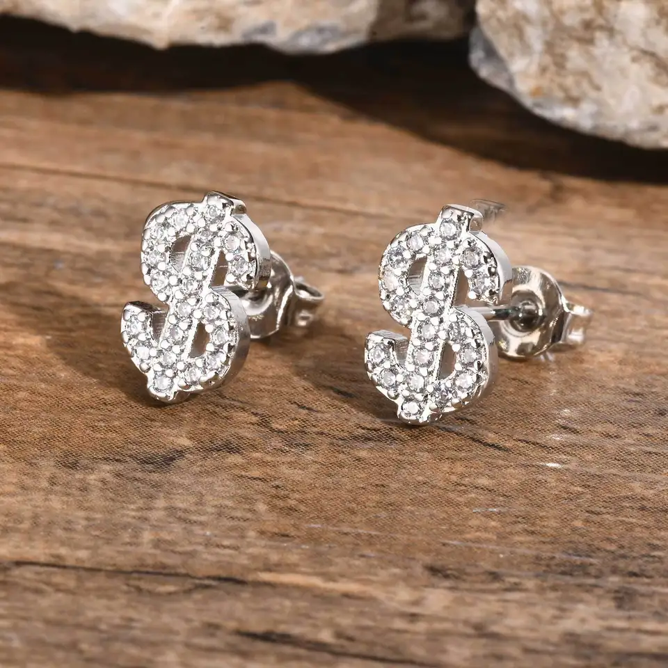 Zirkónový dolár symbol cvok unisex bling cz kamene z nehrdzavejúcej ocele pre mužov