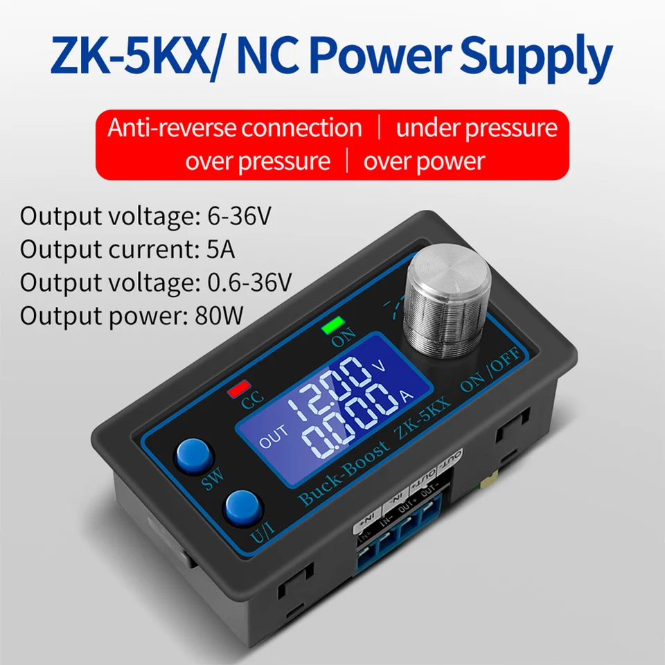 ZK-5KX CNC DC Automatický prevodník Buck Boost CC CV 0,6-36V 5A 80W Modul napájania LCD LCD nastaviteľný regulovaný laboratórny výkon