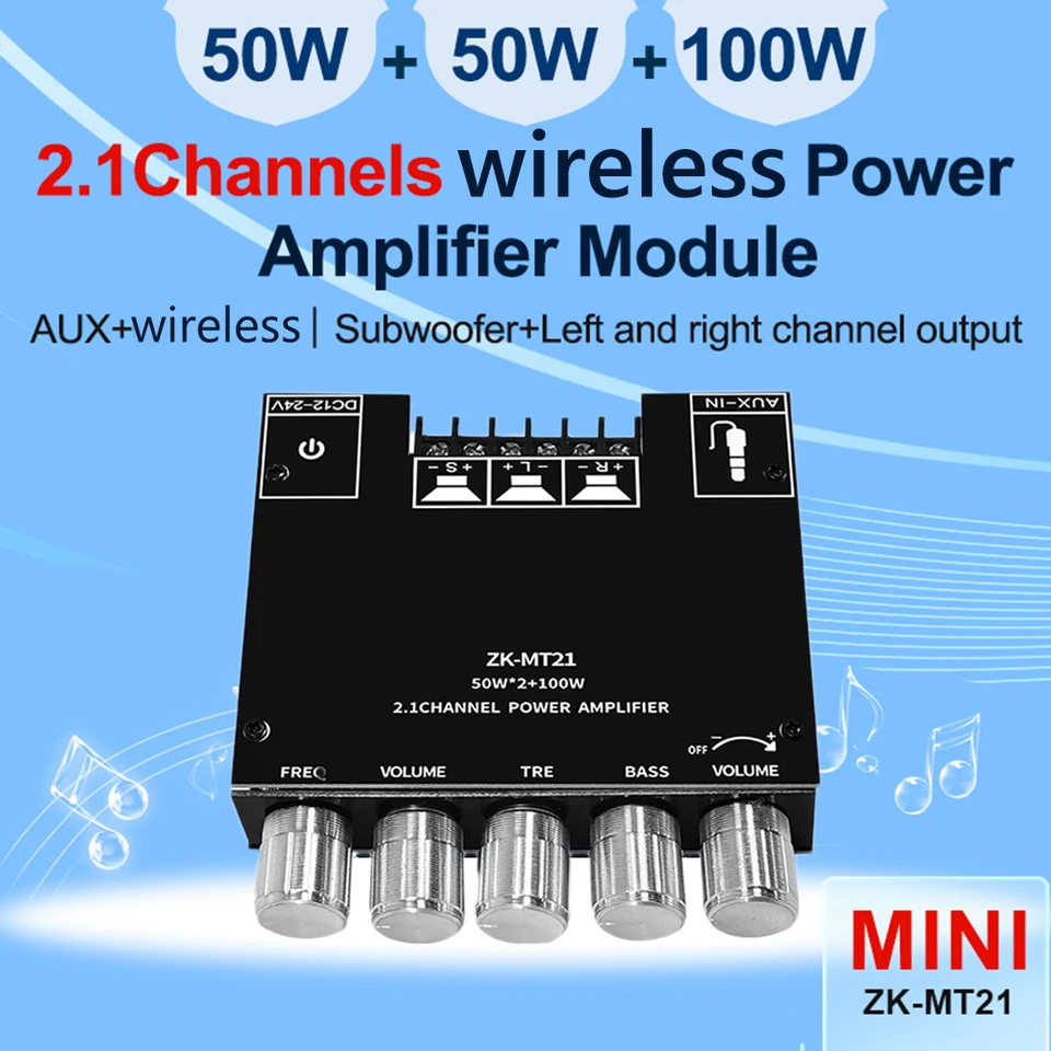ZK-MT21 2.1Channel Bluetooth zosilňovacia doska 50WX2+100W HIFI Subwoofer Stereo zosilňovacia doska C15H/C50L/C100L AMP doska AUX AUX INPU