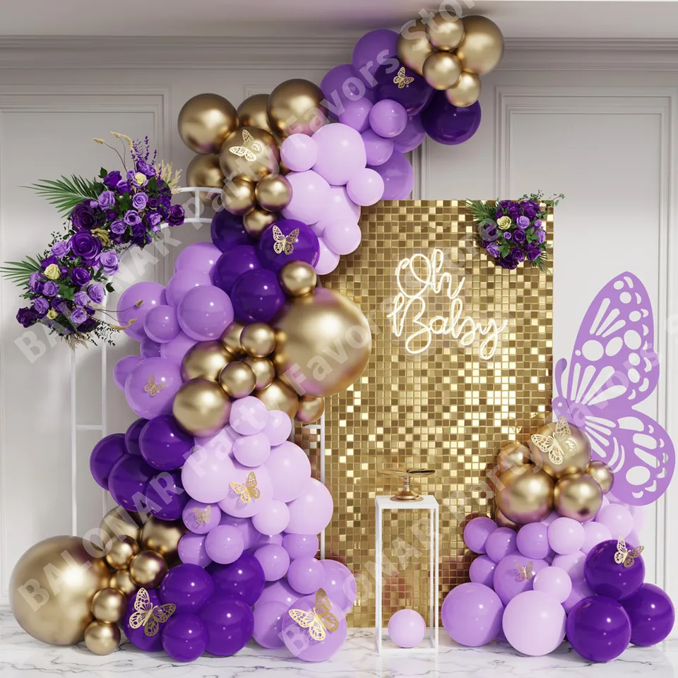 Zlato fialová balónika Girland Arch Kit narodeninová oslava dekorácie Motýfly nálepky dievča bábätko latex Ballon svadobné potreby