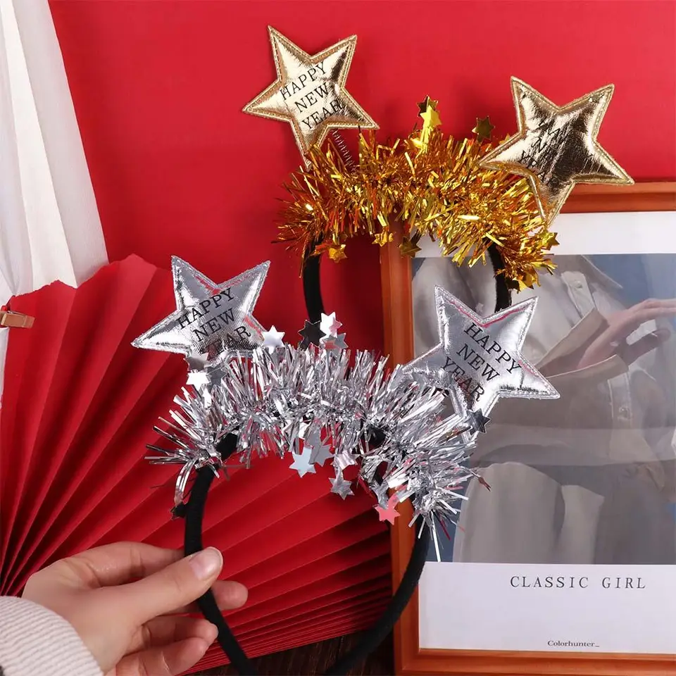 Zlato strieborné šťastné nové rok čelenka Glitter Star Flowin 2025 Nový rok Hairband Headar Cair Hoop Party Photo rekvity Party Gift