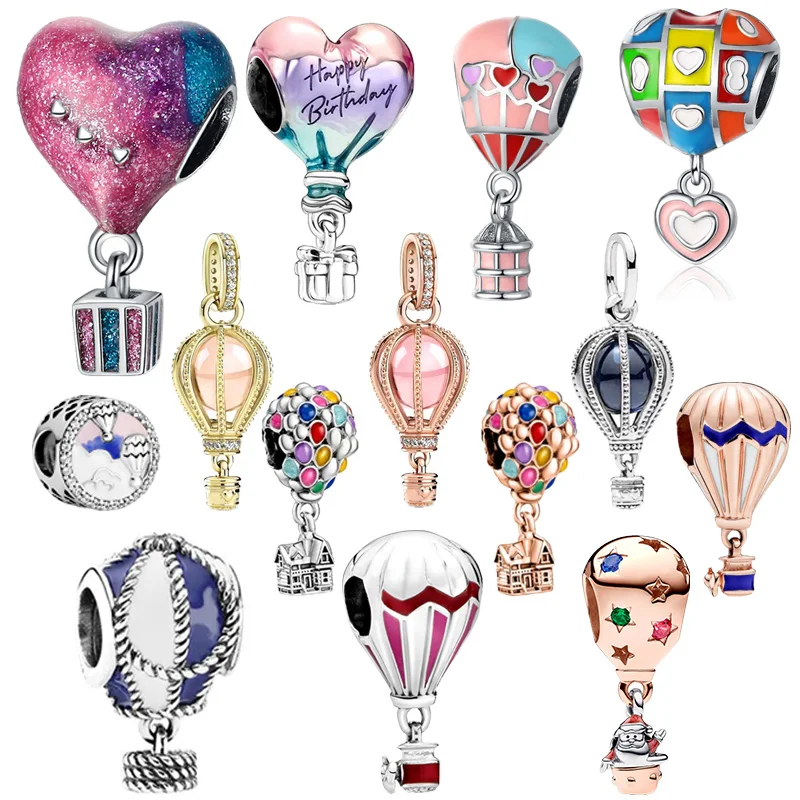 Zlatá ružová zlatá láska za láskou Freedom Hot Air Balloon Hearts Charm Harms Fit Original European 925 Strieborný náramok DIY Dámske darčeky