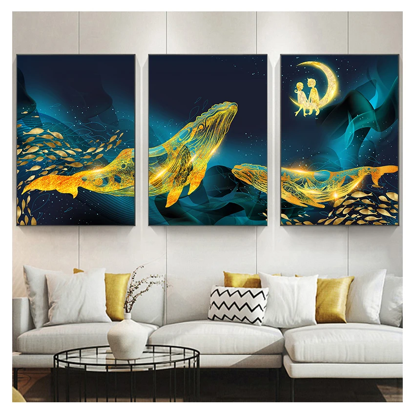 Zlatá veľryba a morská maľba plagát a tlačový obrázok na stene dekorácie Decoration Scandinavian Canvas Art Wholesale