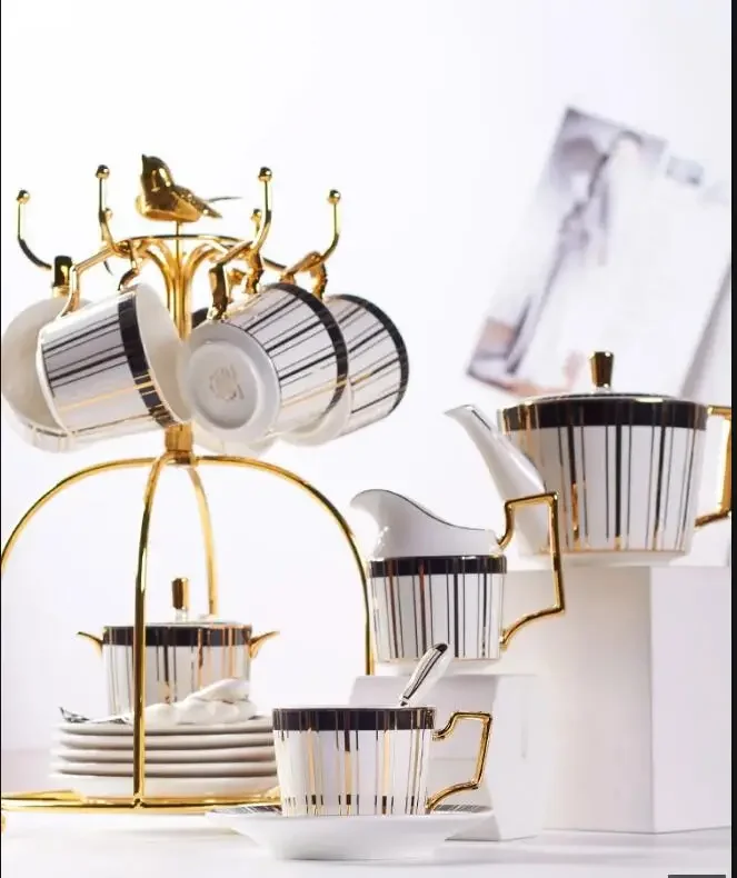 Zlatá vkladová kosť Čína Káva sada luxusný porcelánový čaj sada pokročilých hrncov keramický hrnček Cukor Cukor Creamer čálok pitchware
