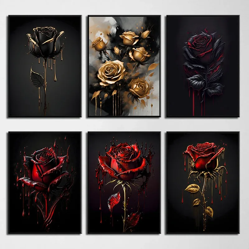 Zlaté a čierne ruže kvetinové plagáty maľba kvetinová krv Rose Moderná tlač Wall Art Obrázok pre obývaciu izbu Domovod