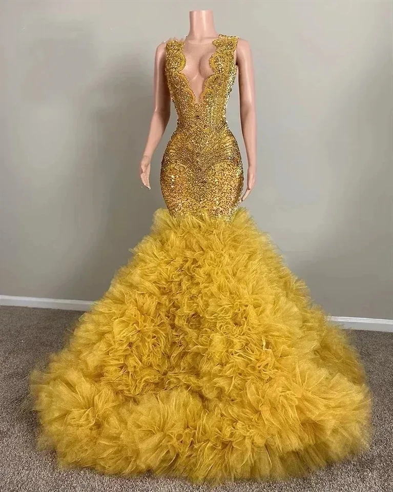 Zlaté dlhé plesové šaty pre čierne dievčatá morská panna číry korálkový kryštály narodeninové šaty večerné šaty prispôsobené