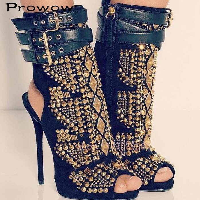 Zlaté krištáľové cvočky výšivky krátke členkové topánky Výrezy Peep Toe Toe Sandal Boots High podpätky letné dámy semišové topánky topánky