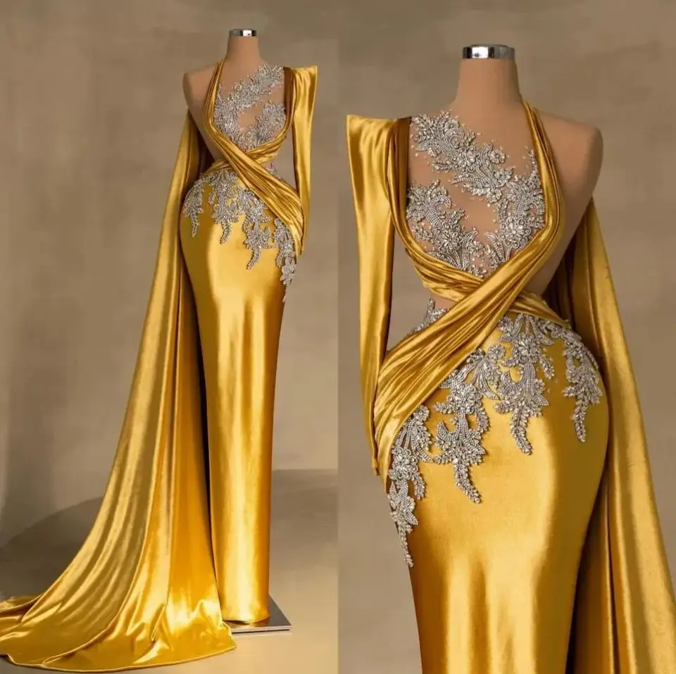 Zlaté kryštály Prom šaty aso ebi kamienky s dlhým rukávom s jedným ramenom skladanými zametanými saténovými saténovými formálnymi večernými šatami