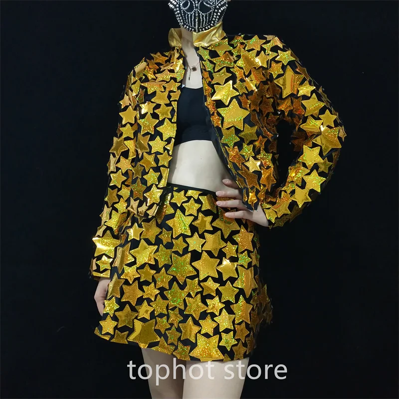 Zlaté strieborné laserové zrkadlo Tops krátke sukňu jazz tanečný outfit ženské speváčka tanečnica bar nočné klubové tímové pódium Wear Party kostým kostým